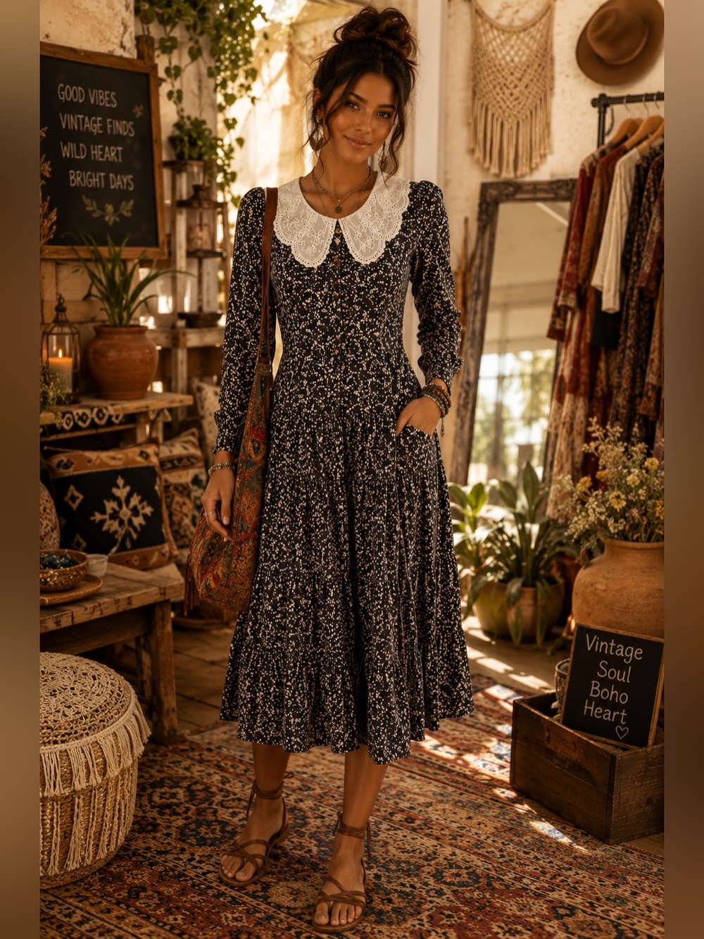 Vintage Lilou Floral Drop Waist Gray Long Sleeve Dress Size 16